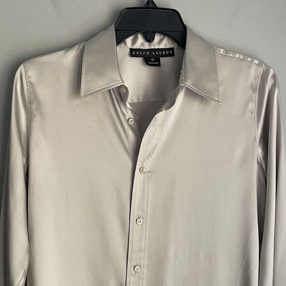 Ralph Lauren Black Label Silk Blouse Sz 10 Gray Button-Up Long Sleeve Shimmer - Picture 4 of 16